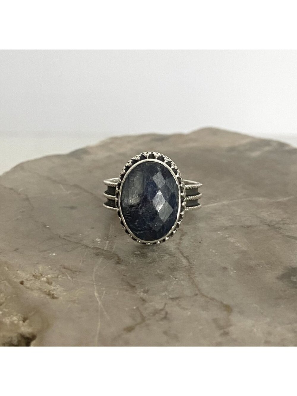 Sterling Silver 925 Oval Faceted Blue Sapphire Cabochon Wide Band Ring Sz 5.75